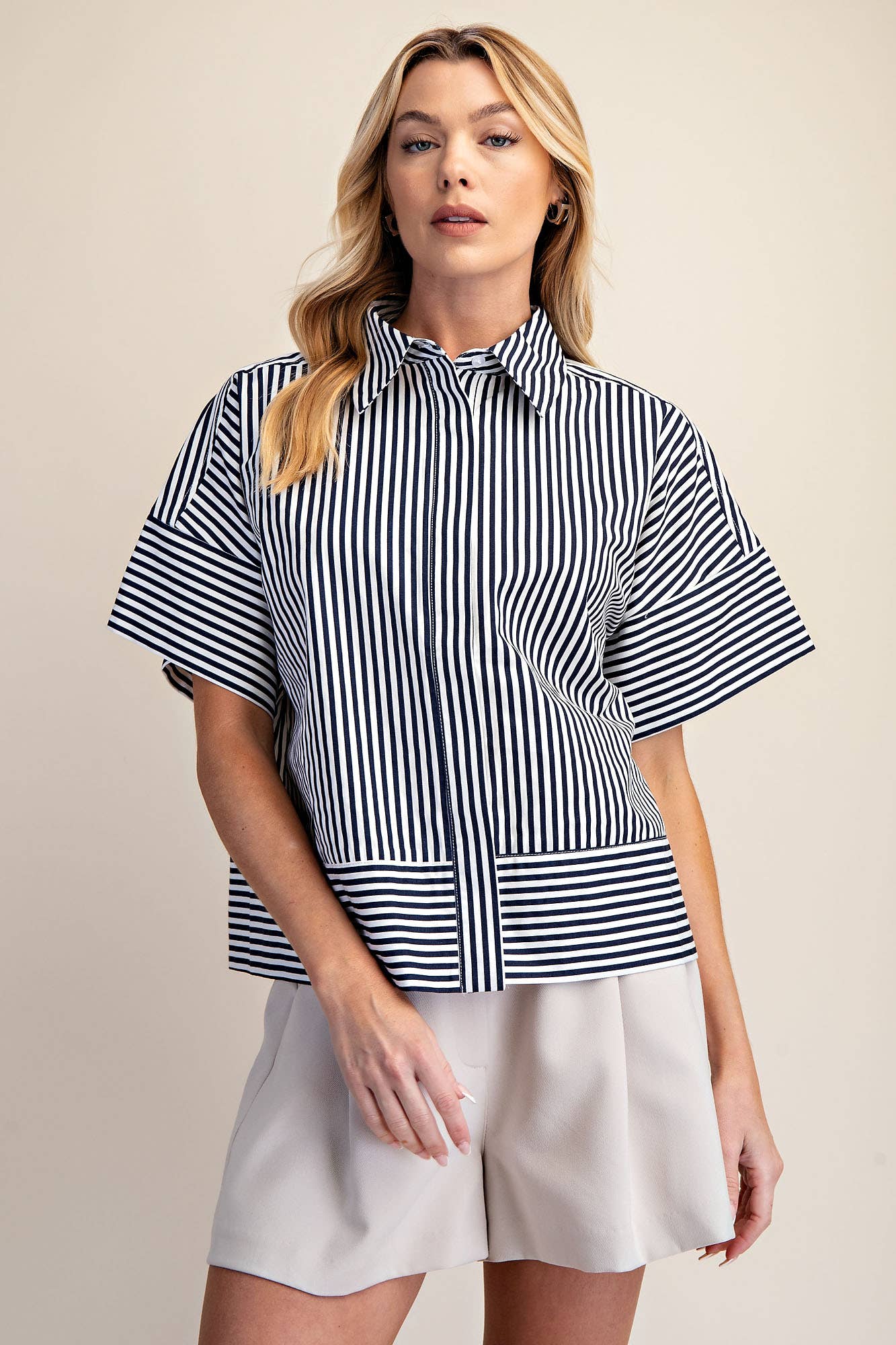 Neck Band Short Sleeve Button Down Top