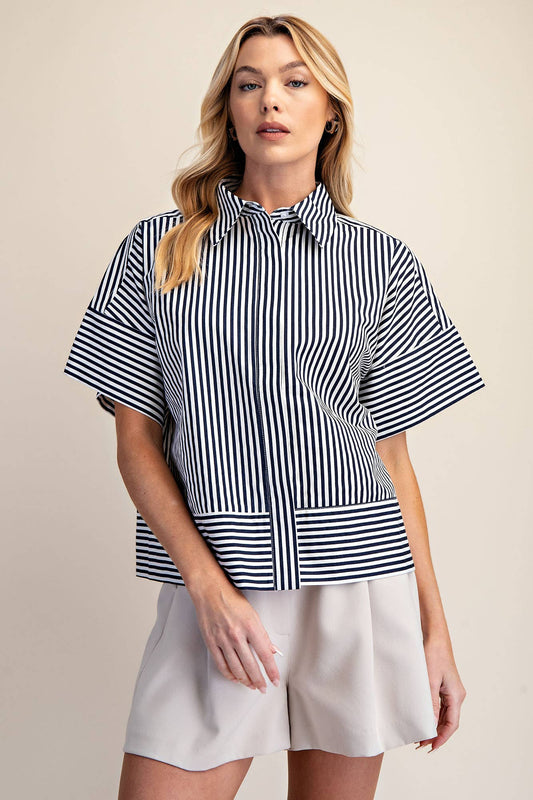 Neck Band Short Sleeve Button Down Top