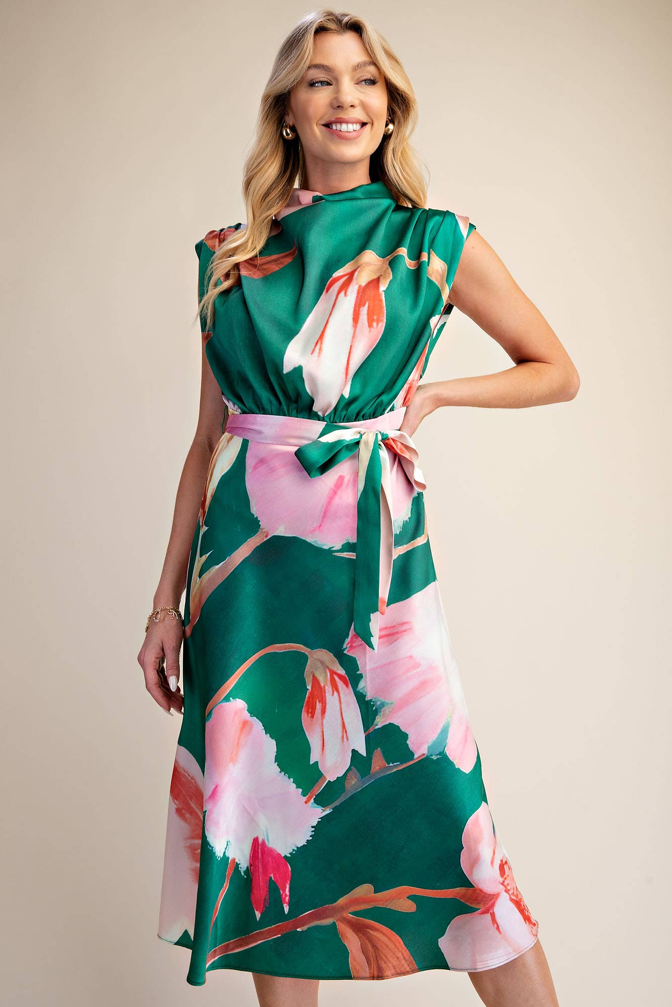 Floral Dress Cowl Neck Sleeveless Waist Tie Midi Satin