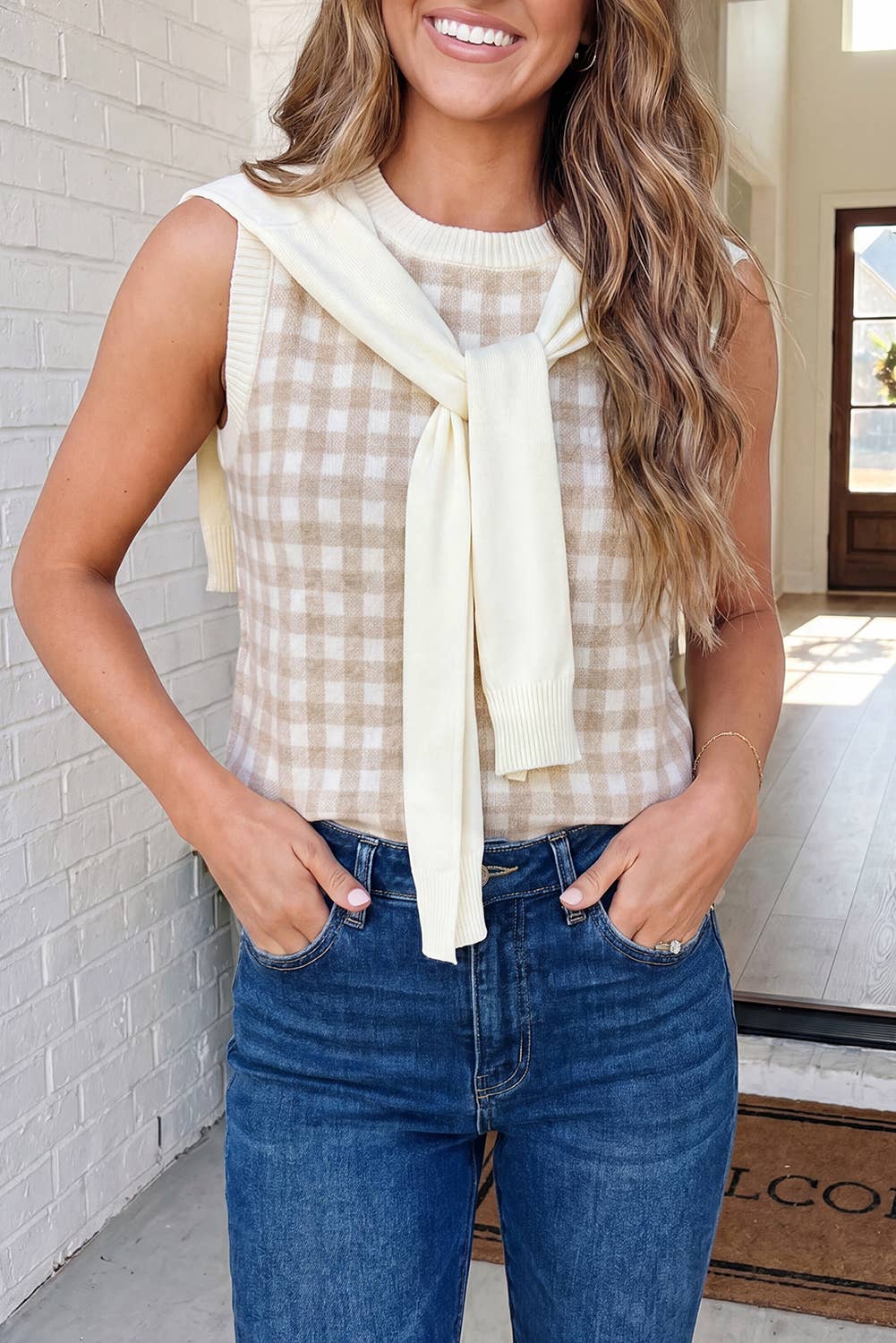 LAS Plaid Knit Detachable Shawl Wrap Sweater Tank Top (S-XL)