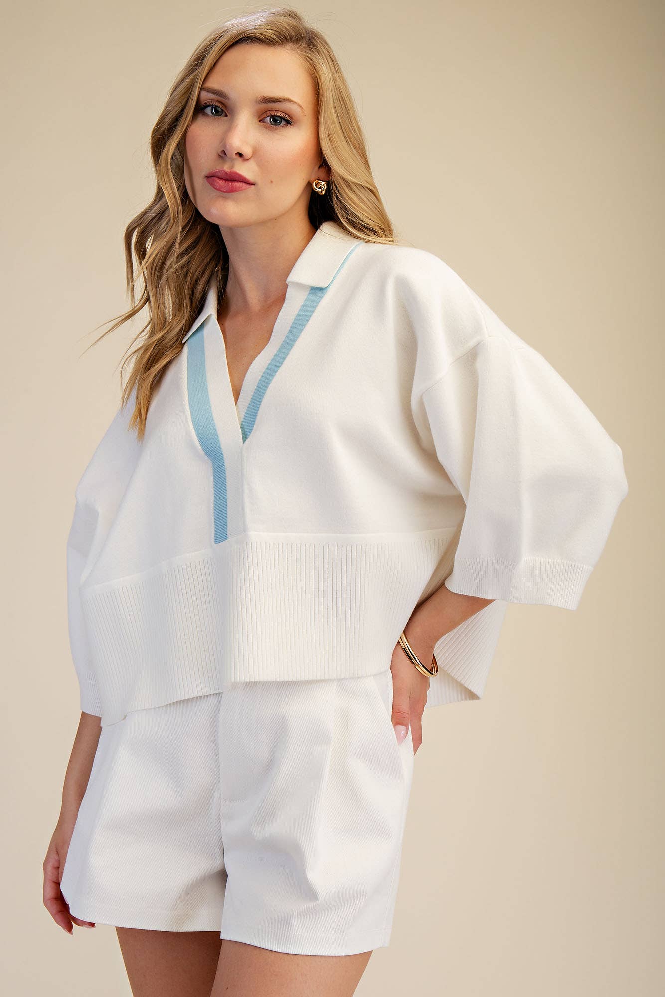Collar With Contrast Trim Loose Fit Dropped Shoulder Sweater