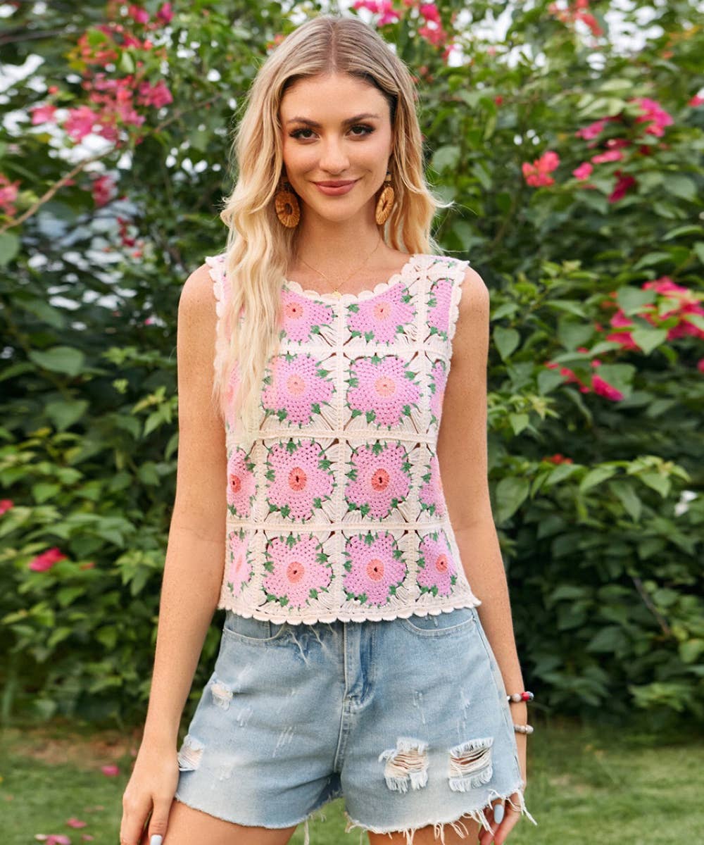 Floral Crochet Knit Sleeveless Tank