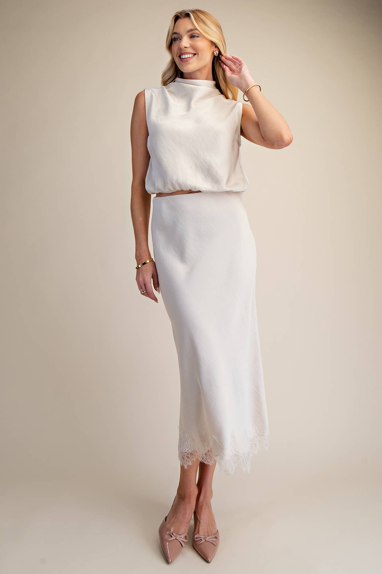 Lace Satin Effect Midi Skirt