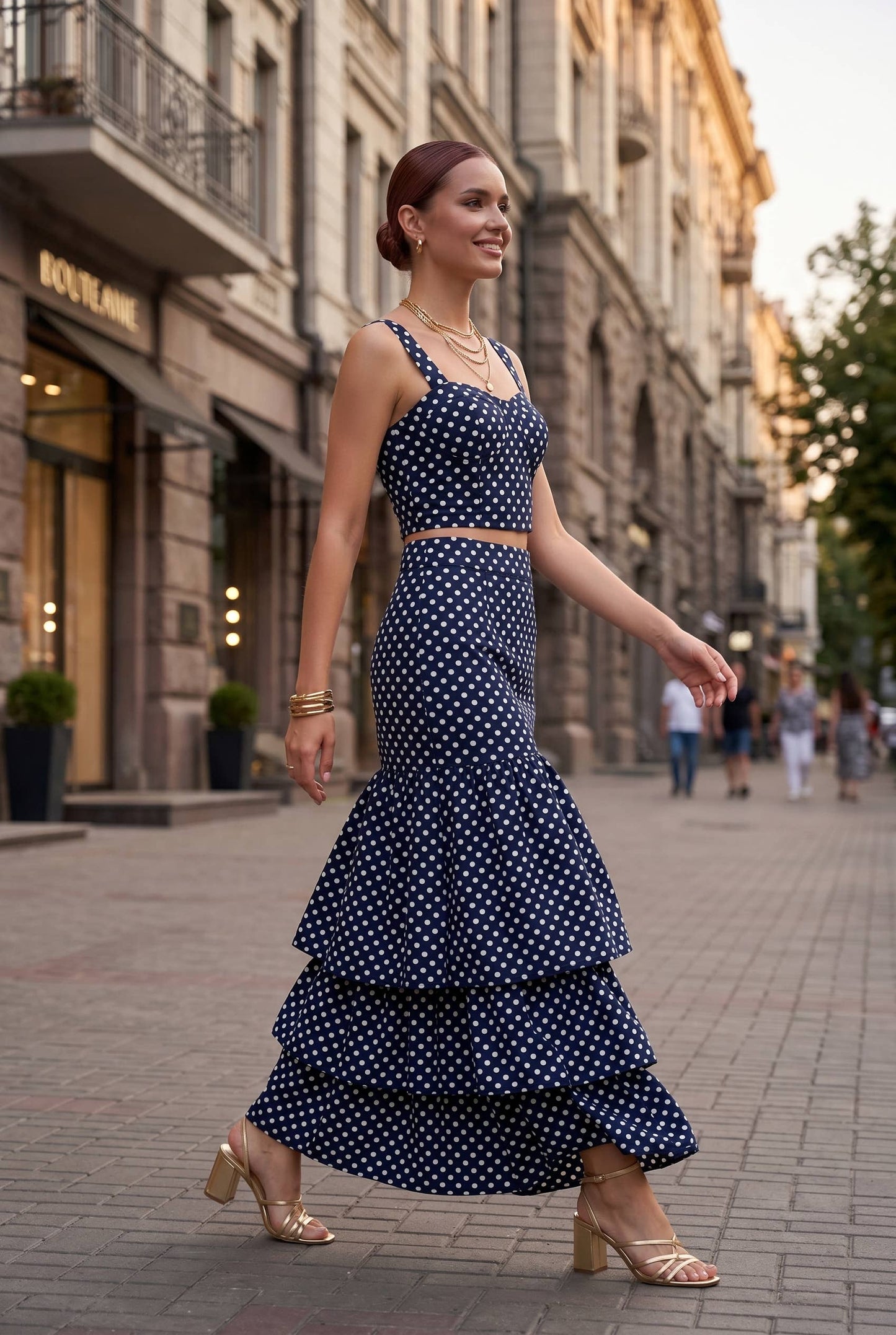 Dot Printed Crop Top & Tiered Maxi Skirt Set