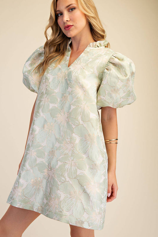 Ruffle V-Neck Puff Sleeve Mini Dress - Spring / Summer