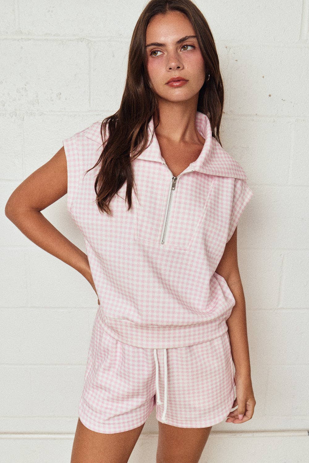 PX17846-3 - Gingham Zip Up Top Short Set