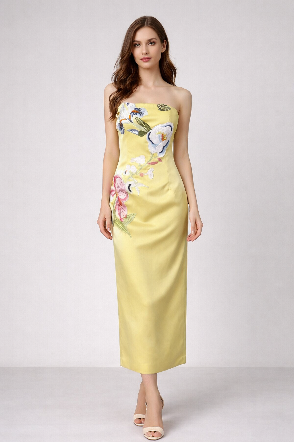 Vintage 3D Floral Embroidery Strapless Midi Dress