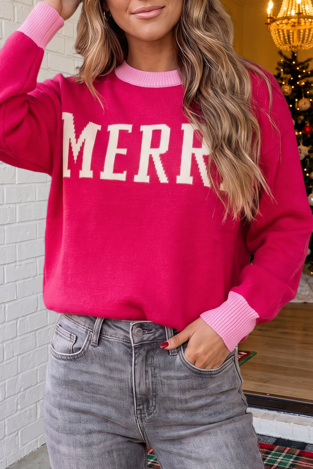 LAS Merry Christmas Colorblock Crew Neck Sweater (S-XL)