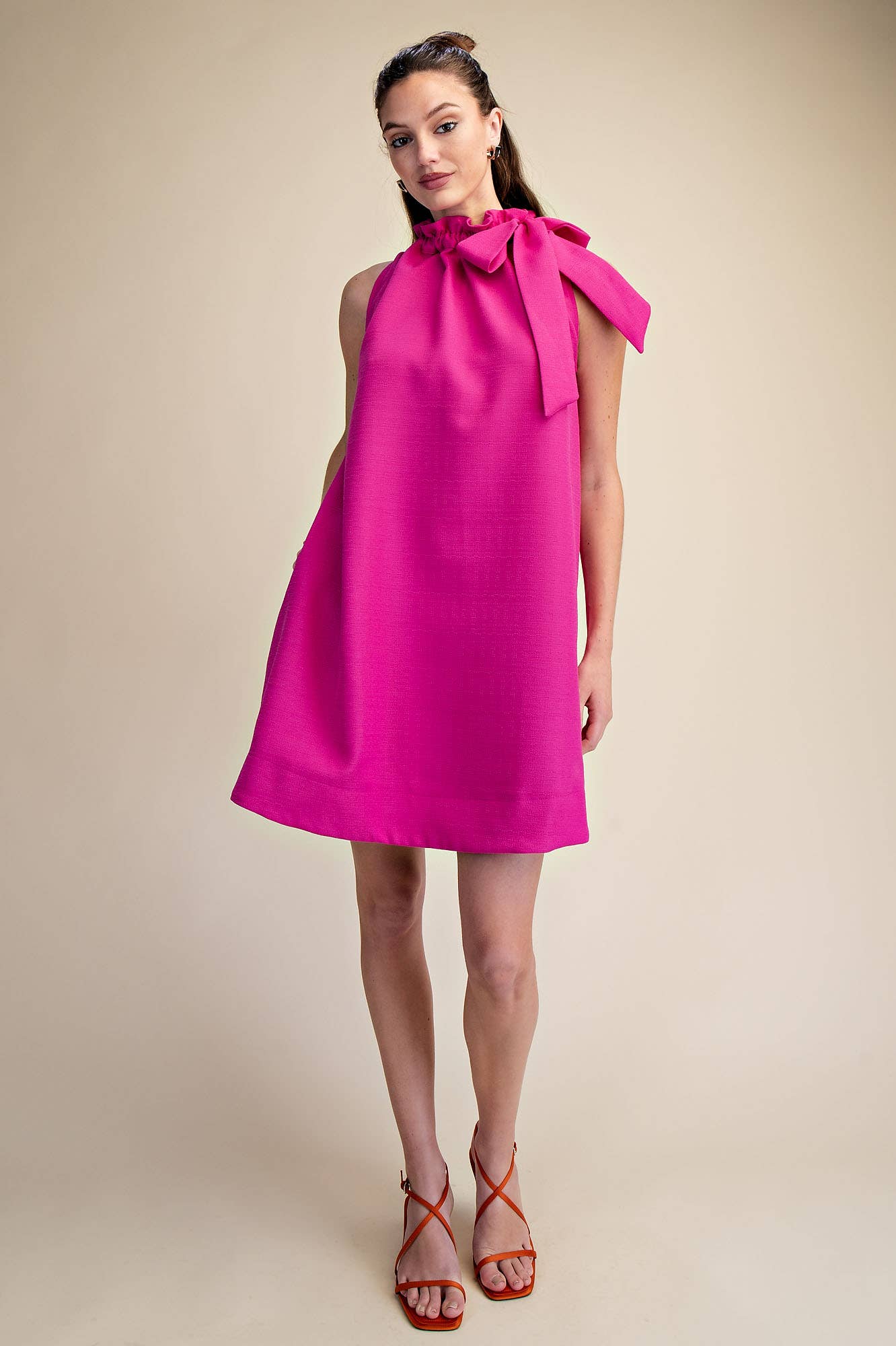 Tie Round Ruffle Neck Sleeveless Mini Dress