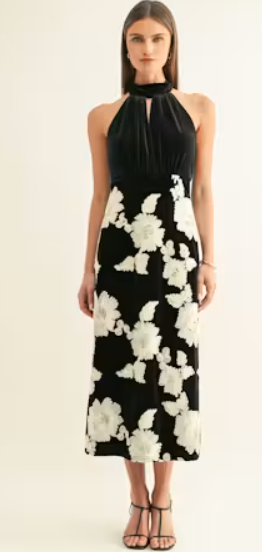 Oaklyn Flower Embellished Velvet Halter Midi Dress