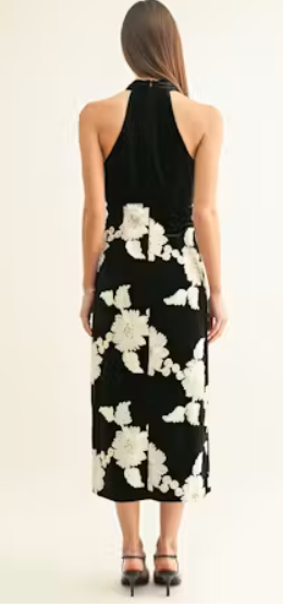Oaklyn Flower Embellished Velvet Halter Midi Dress