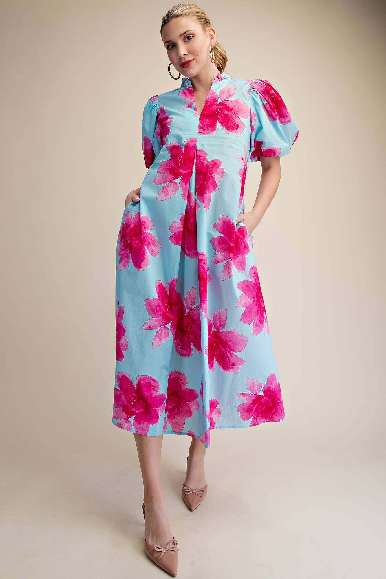 Ruffle V-Neck Puff Sleeve Waist Pleated Midi Dress