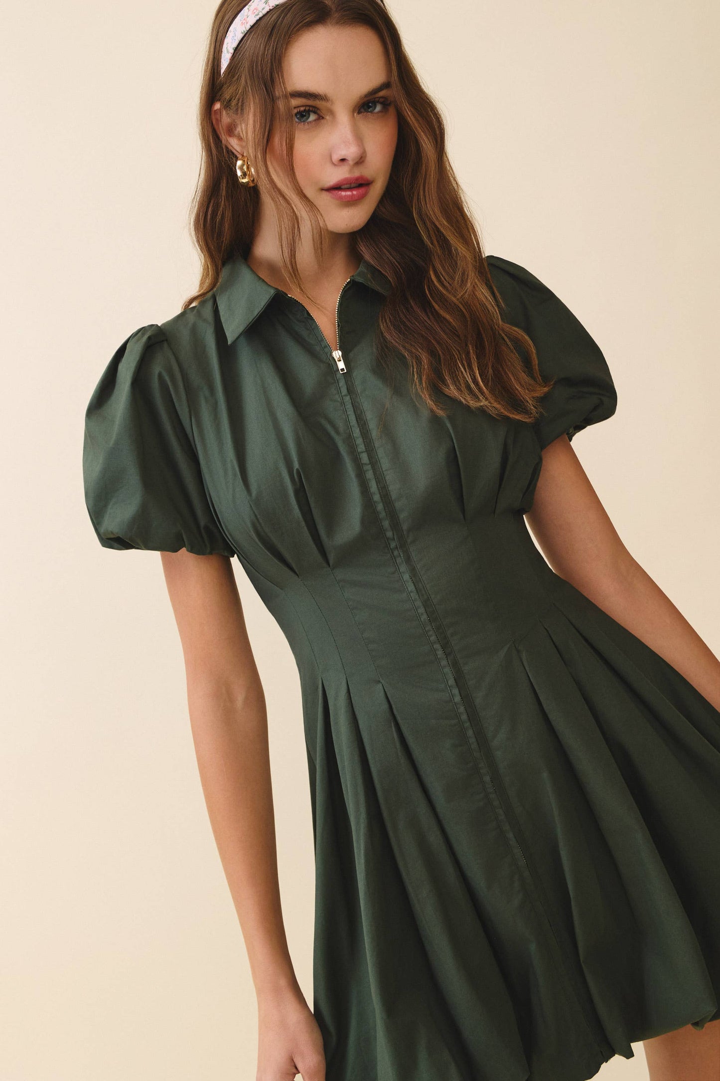 CD05305-Fit and Flare Zipper Front Bubble Sleeves Dress