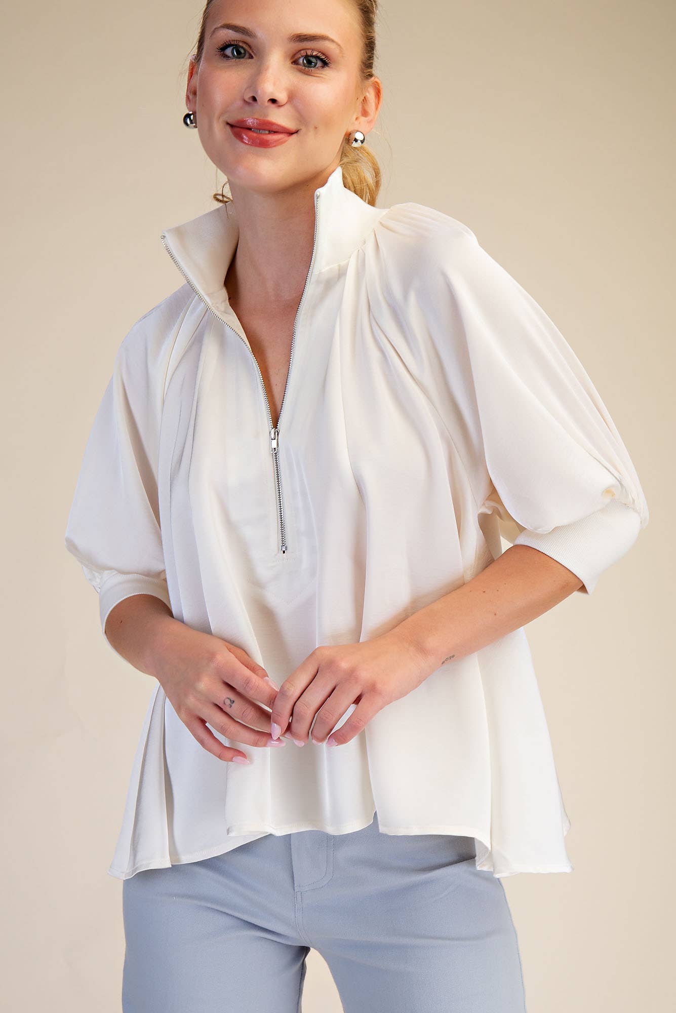 Mock Neck Band Puff Sleeve Elegance Blouse
