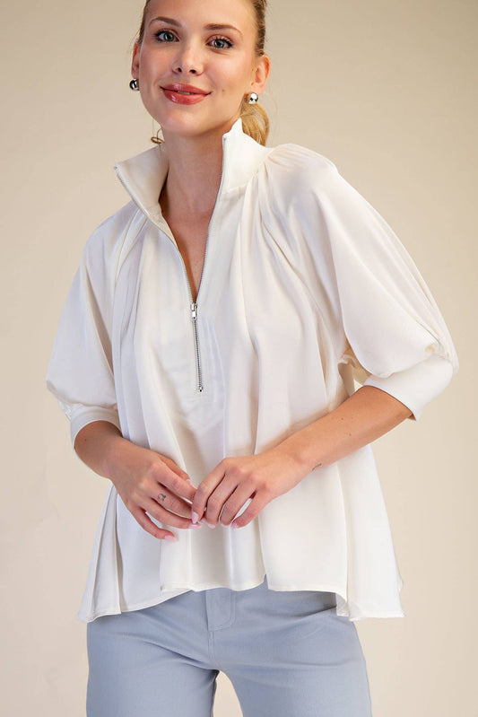 Mock Neck Band Puff Sleeve Elegance Blouse