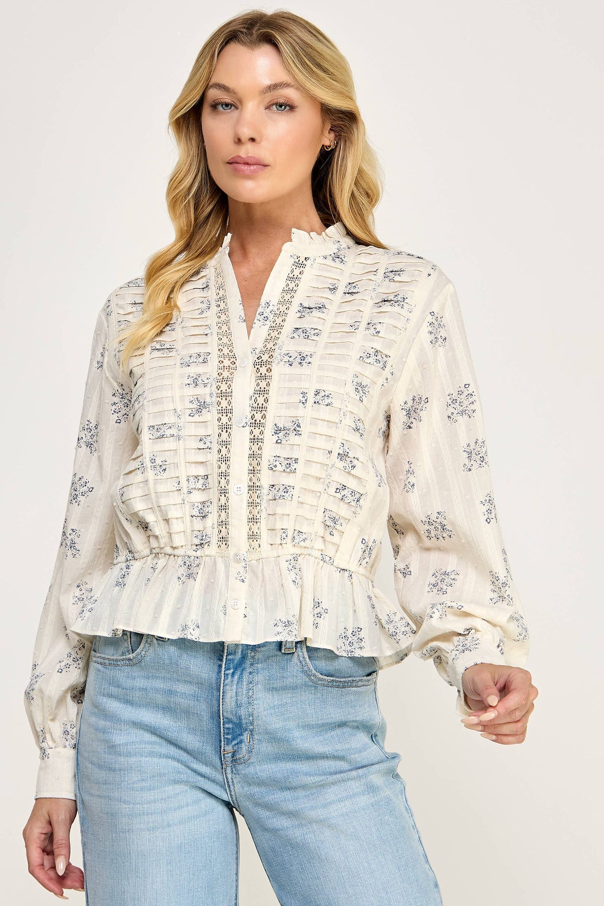 TT-10939-6 DITSY FLORAL LONG SLEEVE BLOUSE-IVORY BLUE