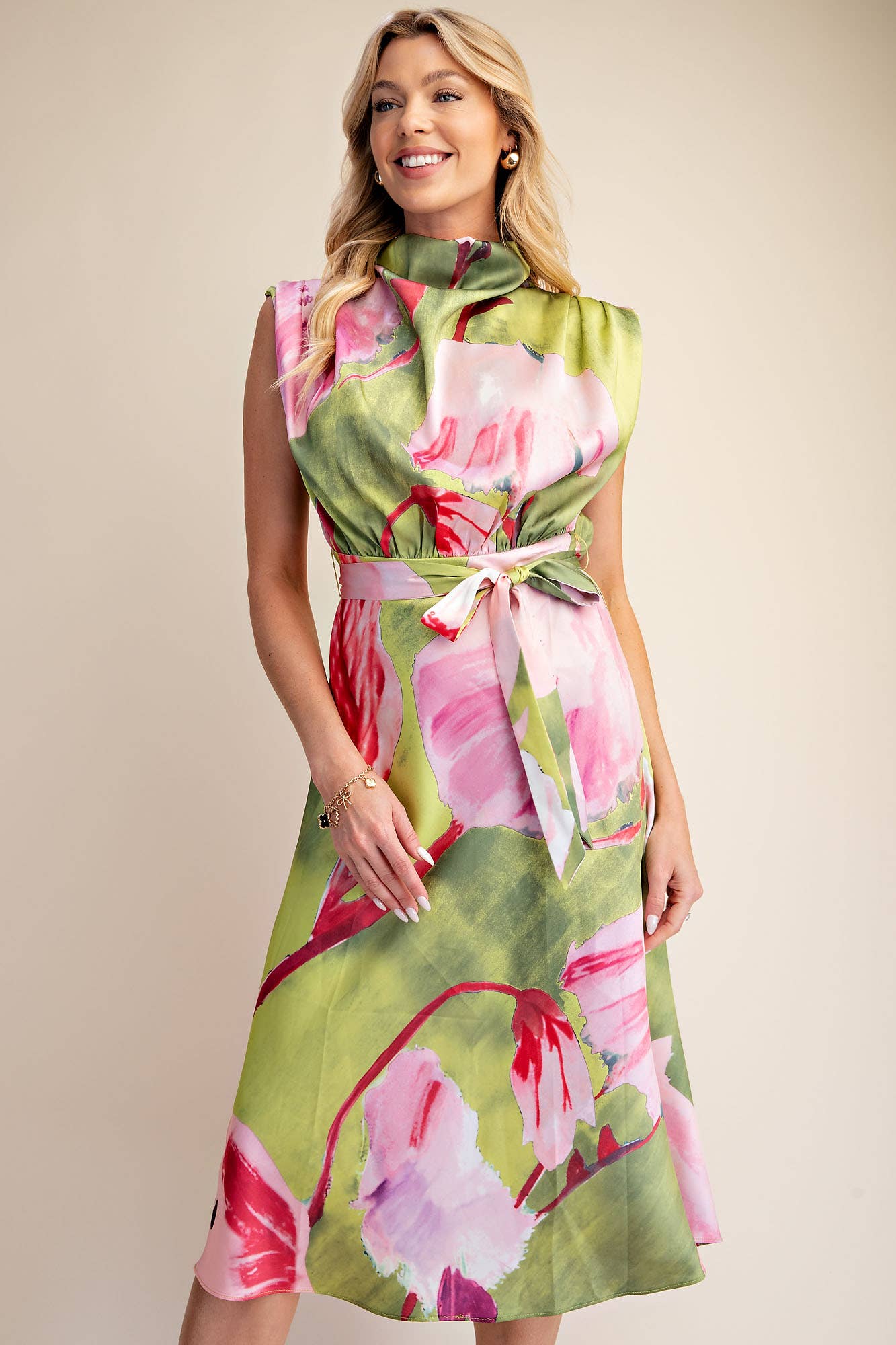 Floral Dress Cowl Neck Sleeveless Waist Tie Midi Satin