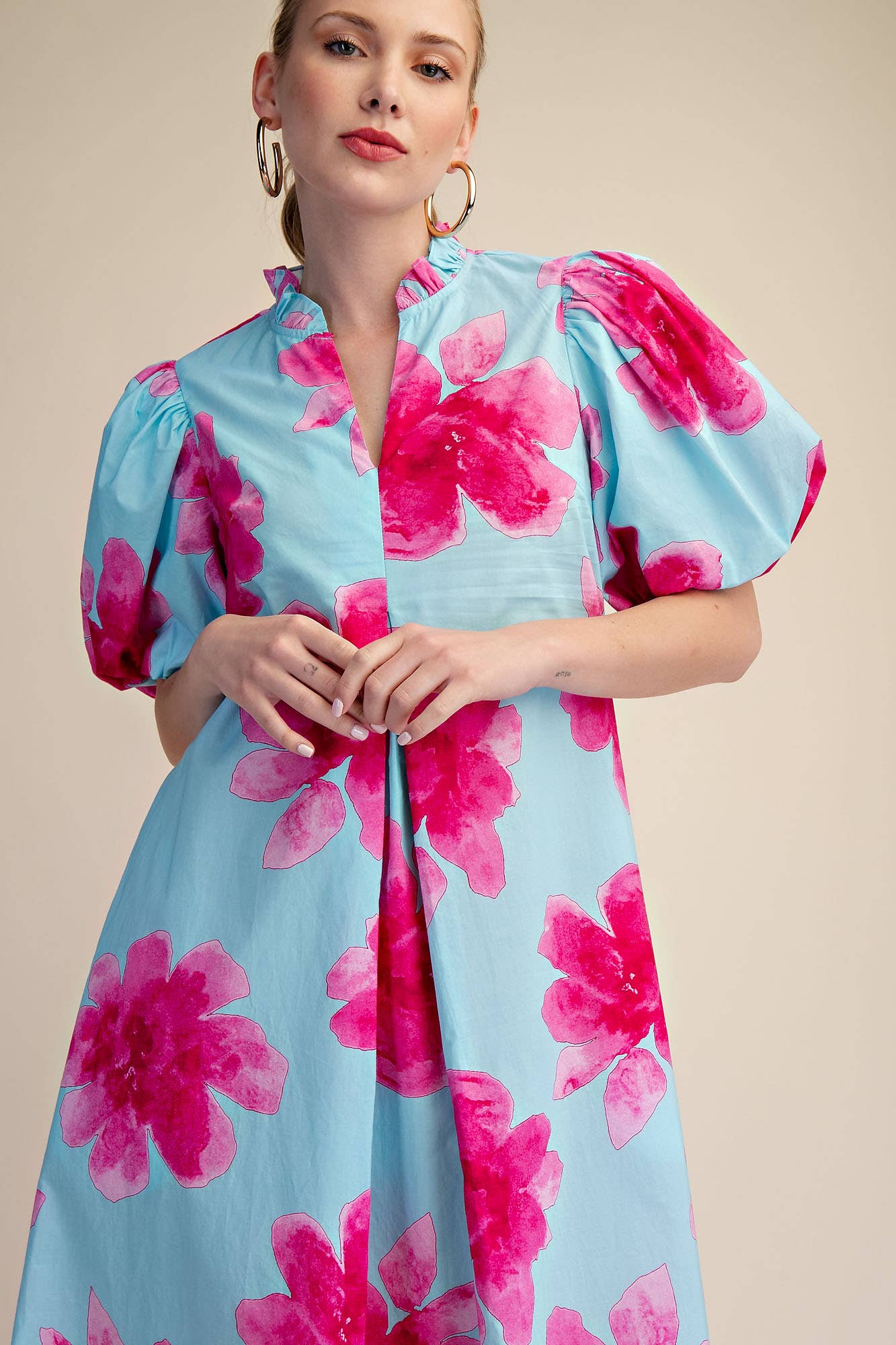 Ruffle V-Neck Puff Sleeve Waist Pleated Midi Dress