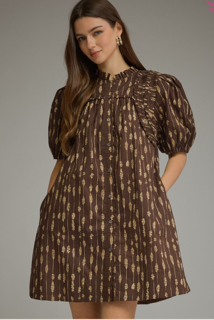 Brown Puff Sleeve Mini Dress