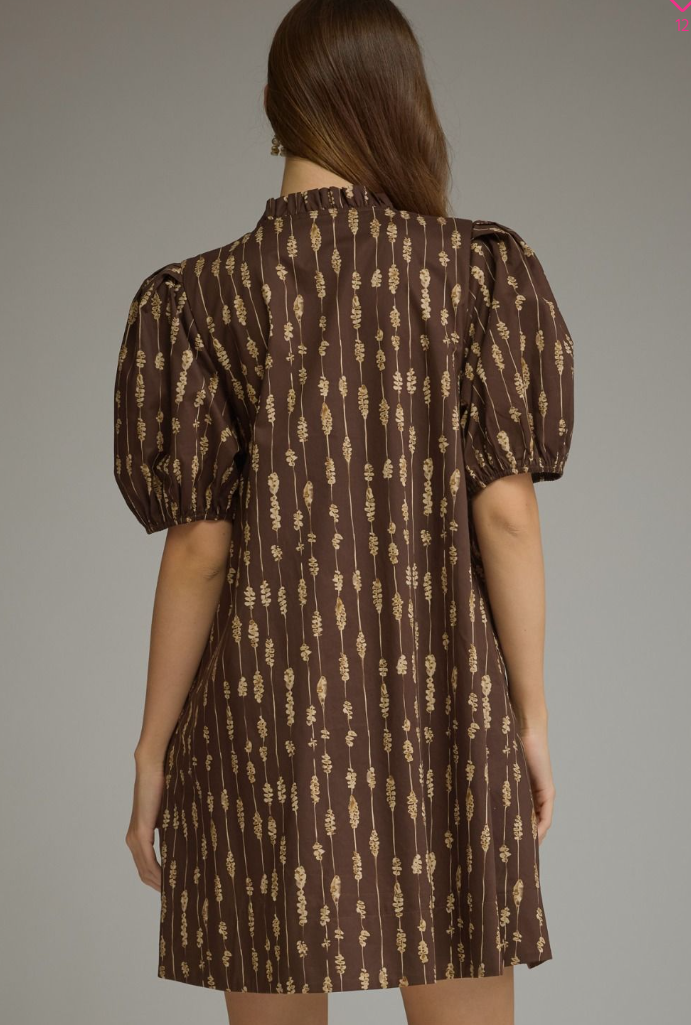 Brown Puff Sleeve Mini Dress