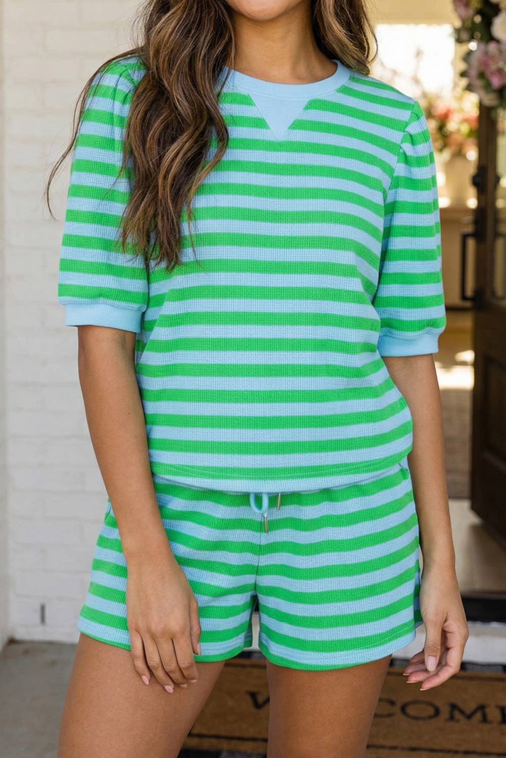 LAS Stripe Puff Sleeve T Shirt Matching Shorts Set (S-4X)