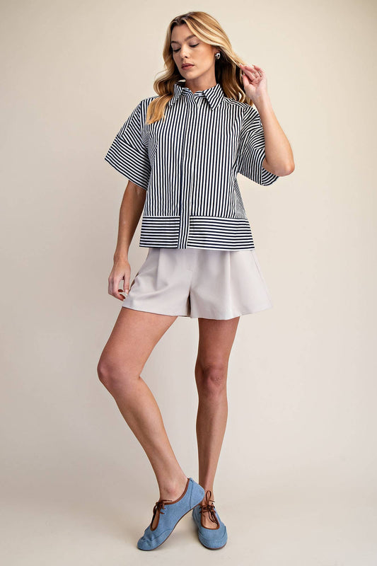 Neck Band Short Sleeve Button Down Top