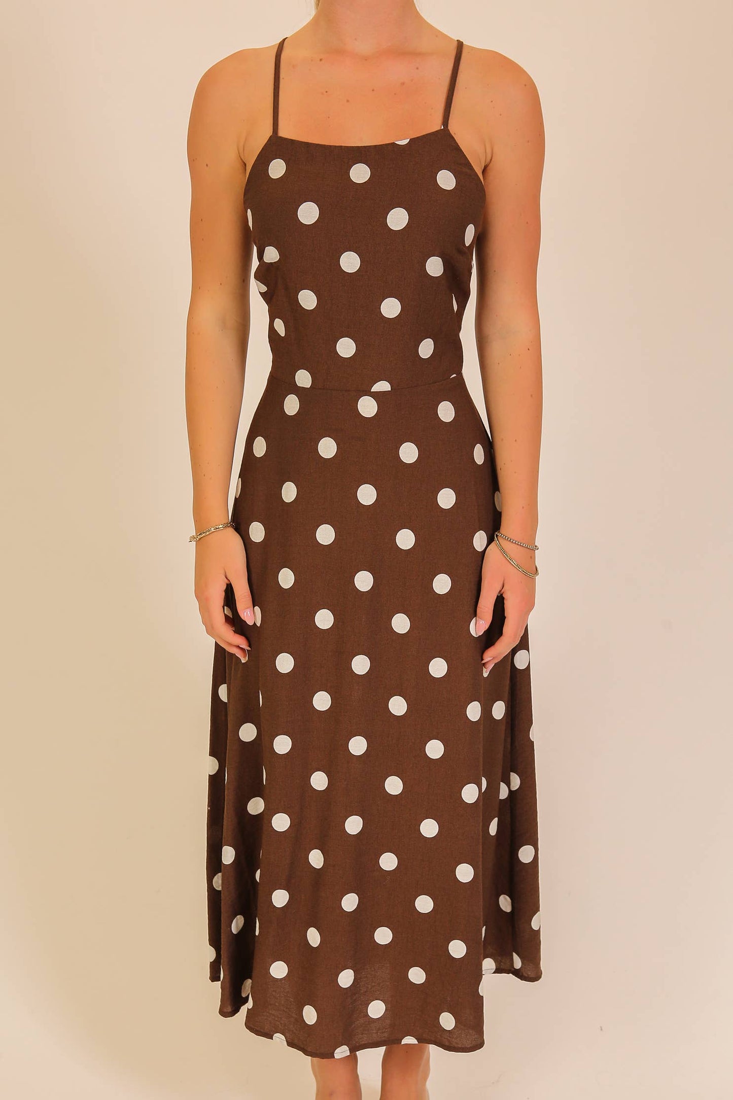 Polka Dot Lace-Up Back Midi Dress