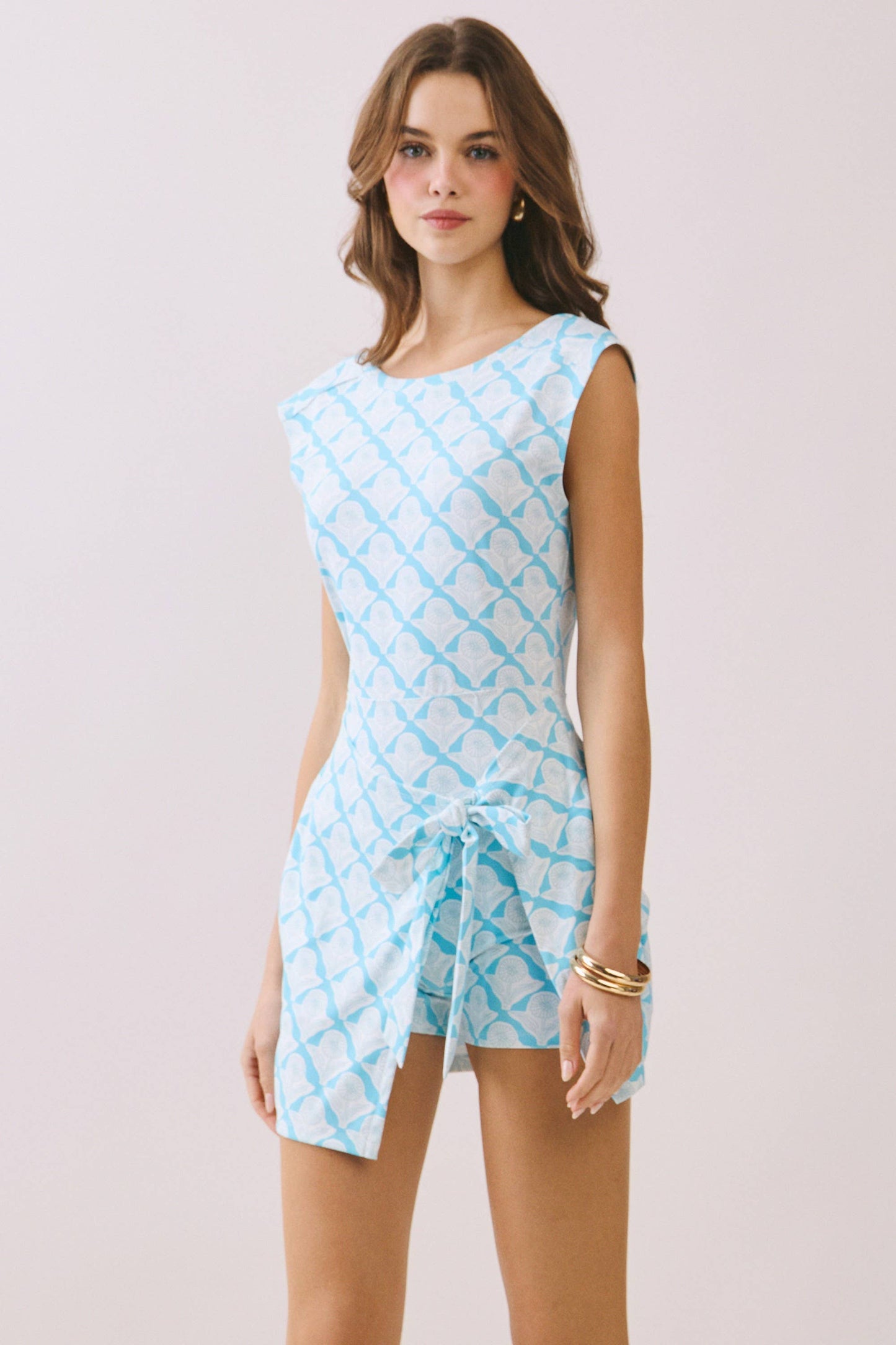CD06463-Print Warp Front Side Tie Detail Mini Dress