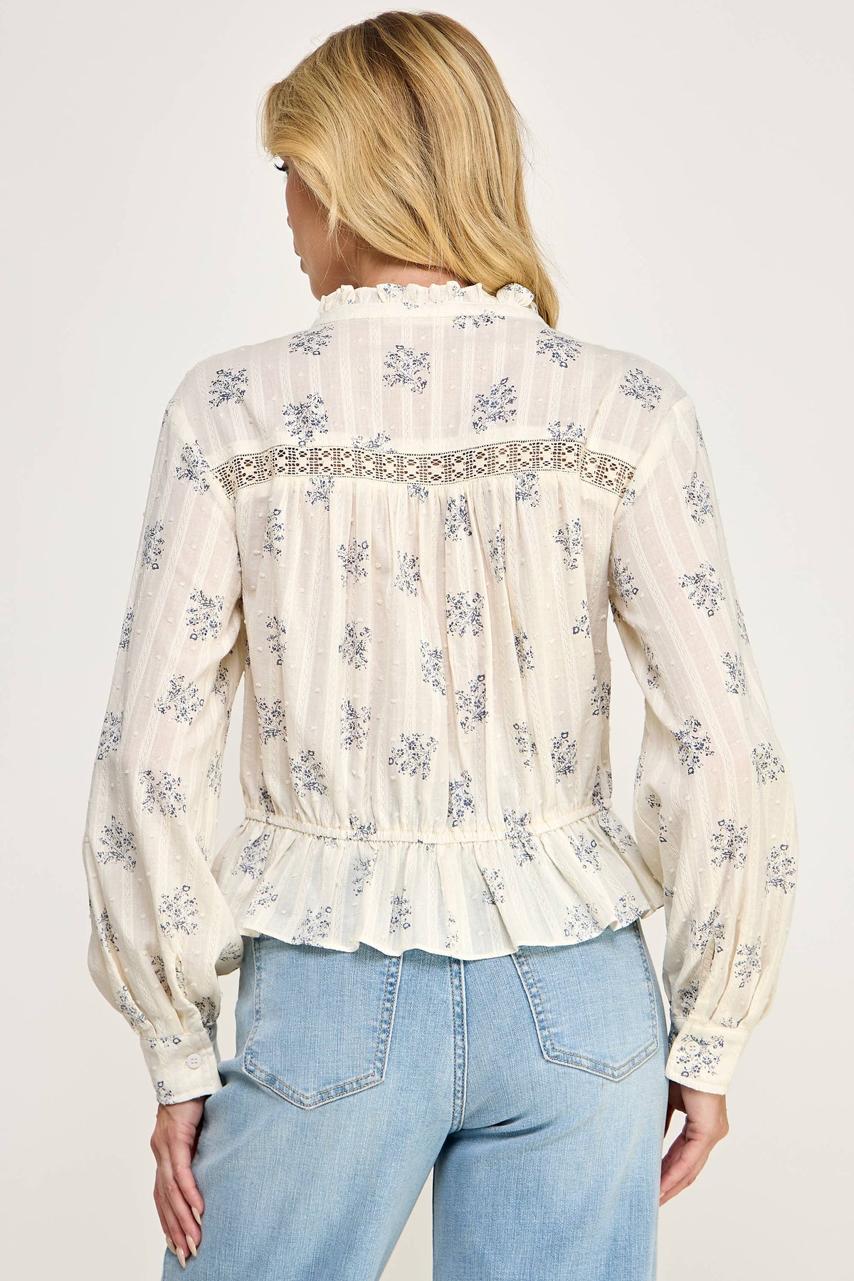 TT-10939-6 DITSY FLORAL LONG SLEEVE BLOUSE-IVORY BLUE