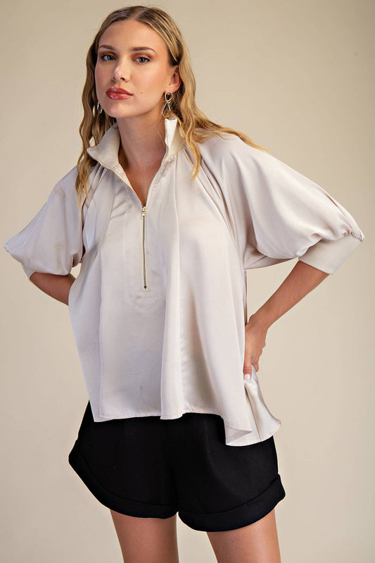 Mock Neck Band Half Zip Puff Elbow Sleeve Blouse