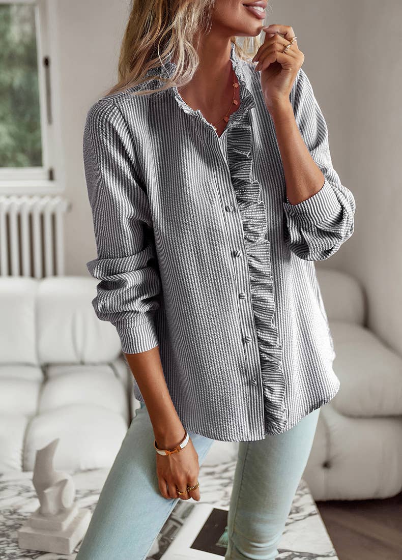 Ruffle Button Down Long Sleeve Shirt SZ25-TP32026
