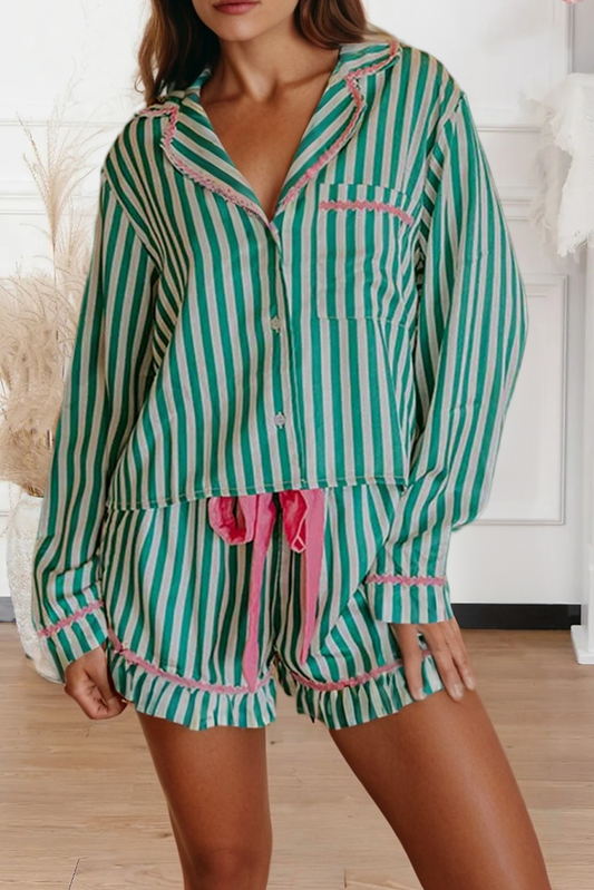 LDC Long Sleeve Shirt Ribbon Drawstring Pajama Short Set