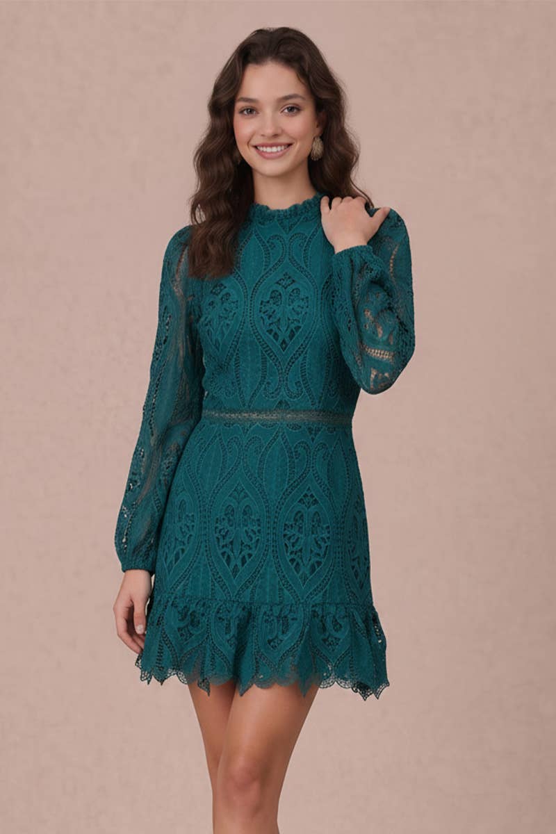 Lace Scallop Hem Puff Long Sleeve Mini Dress