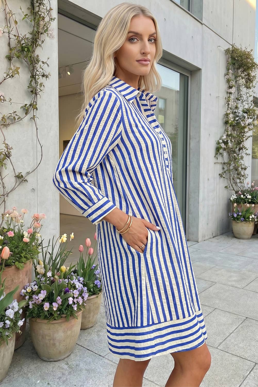 Stripe Collared Half Button Side Pockets Mini Dress (S-XL)