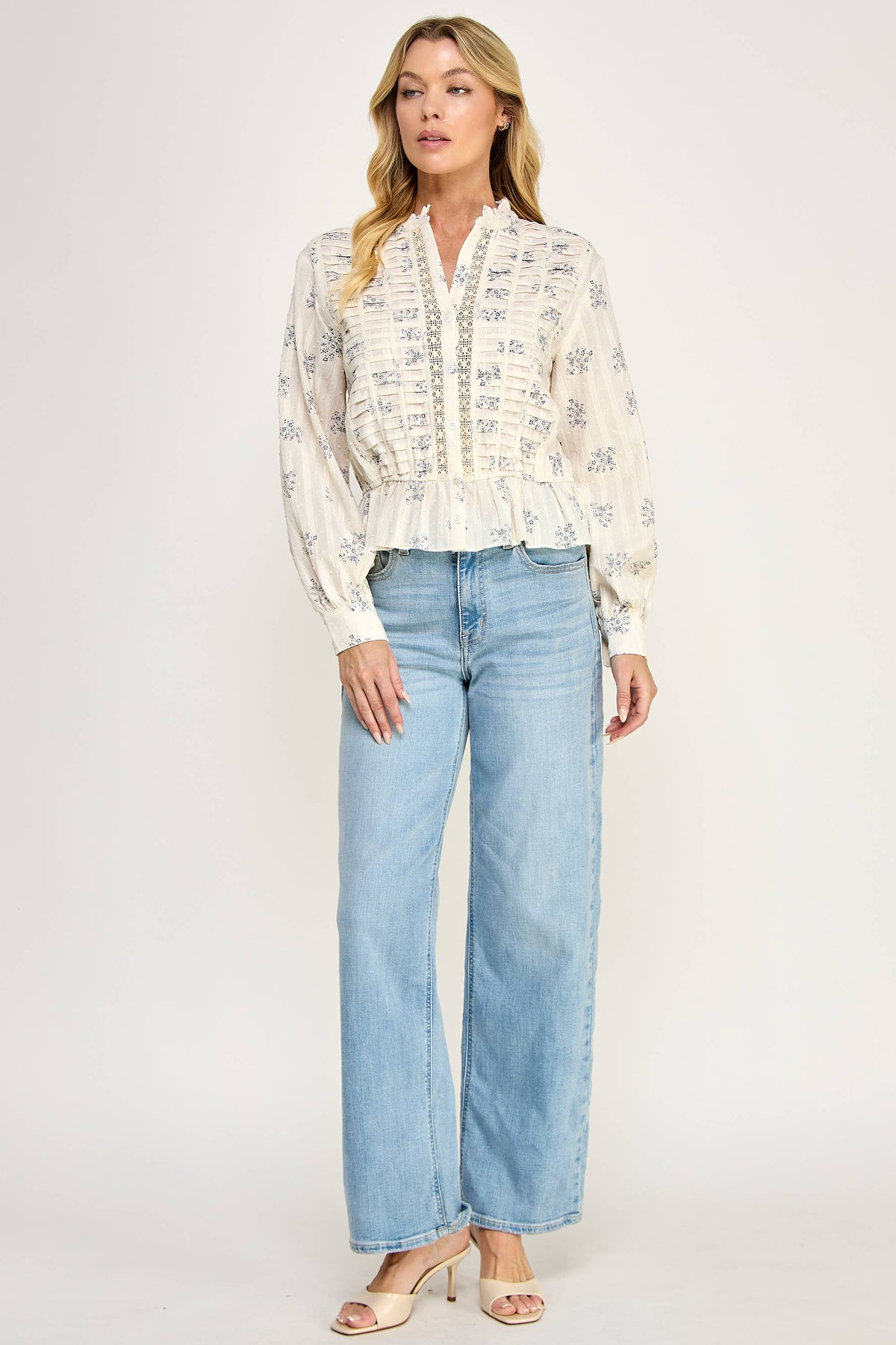 TT-10939-6 DITSY FLORAL LONG SLEEVE BLOUSE-IVORY BLUE