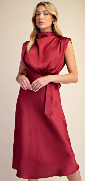 Waist Tie Sleeveless Midi Dress with Cowl Neck