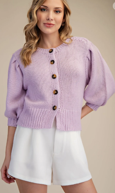 Short Puff Sleeve Button Down Sweater