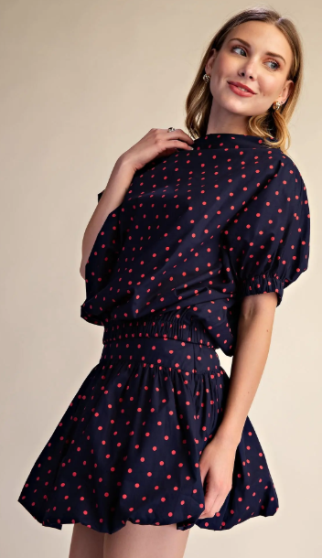 Polka Dot High-Neck Blouson Top