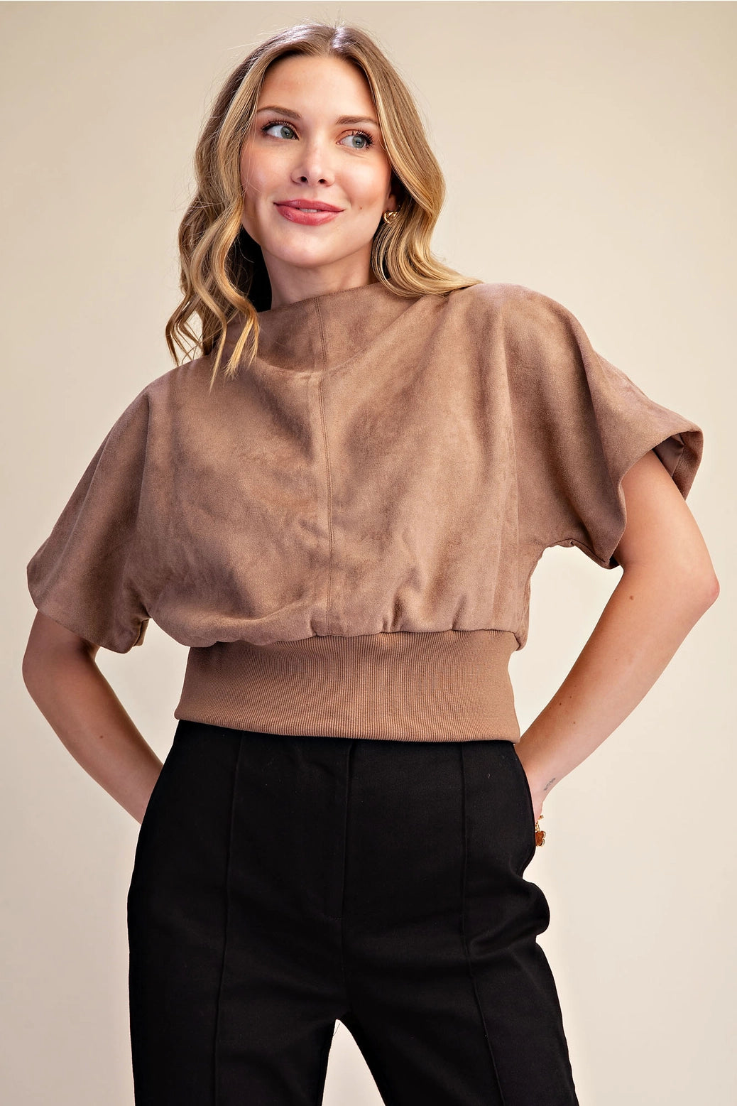 Mock neck suede top