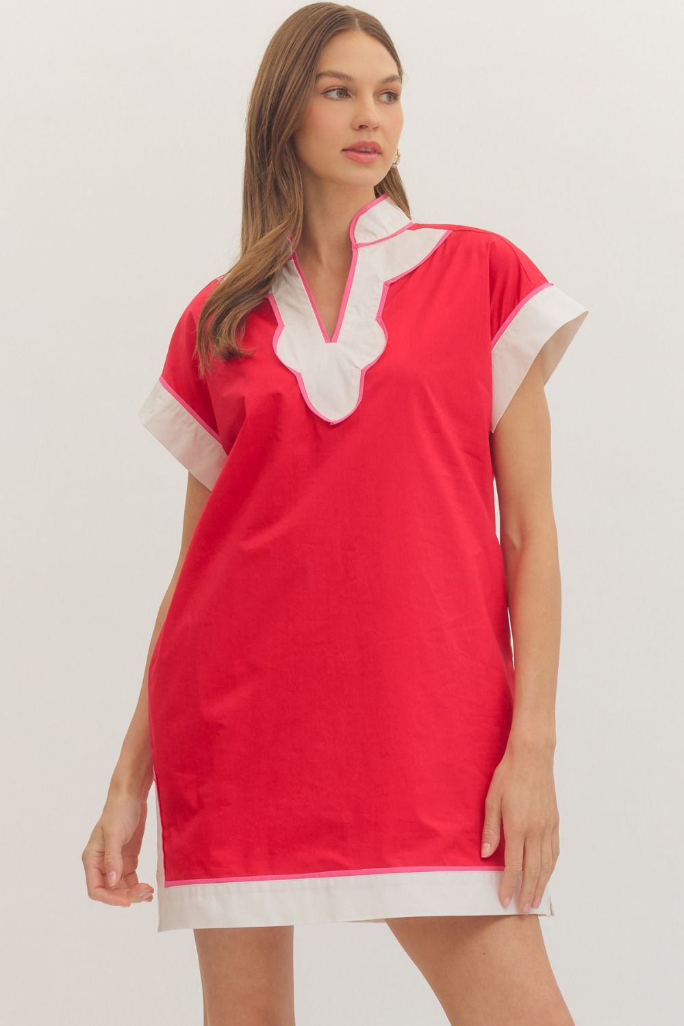 Short sleeve mini dress with scallop band v neck collar