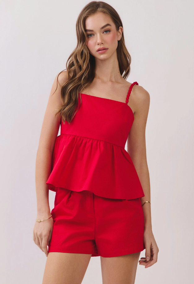 Beaded Strap Peplum Sleeveless Top and Short Set