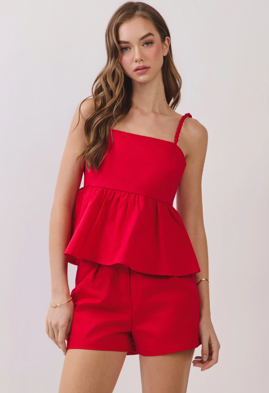 Beaded Strap Peplum Sleeveless Top and Short Set