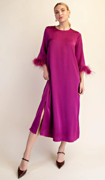 Feather Trim Evening Midi Dress