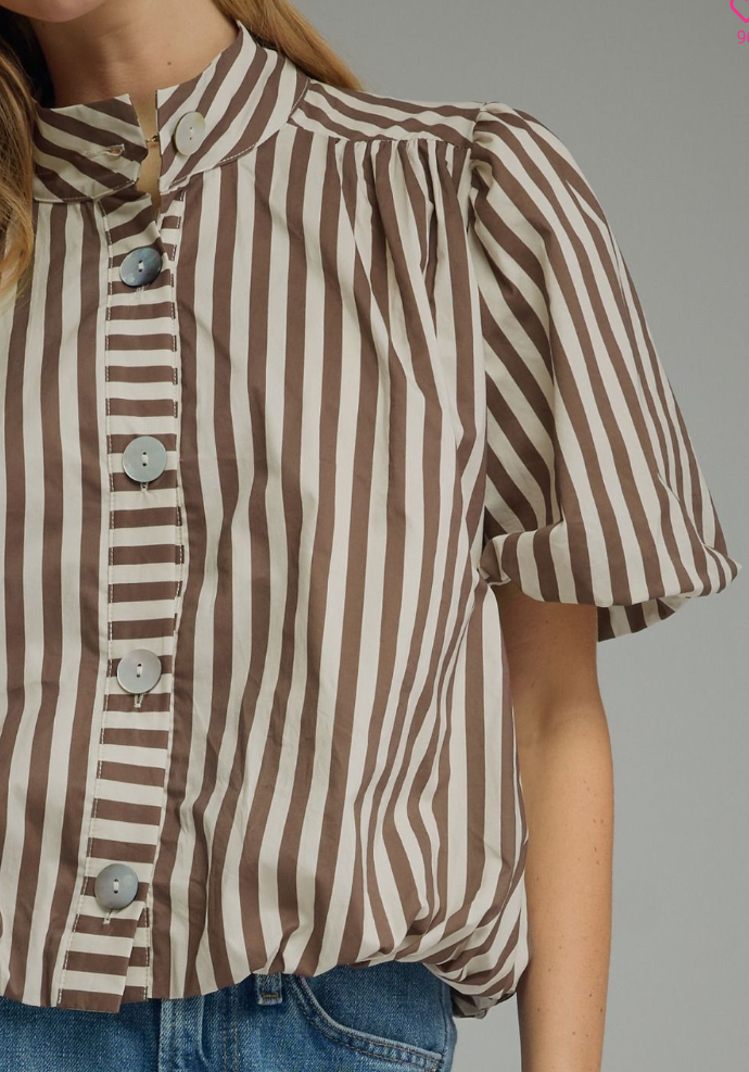 Stripe Short Puff Sleeve Top