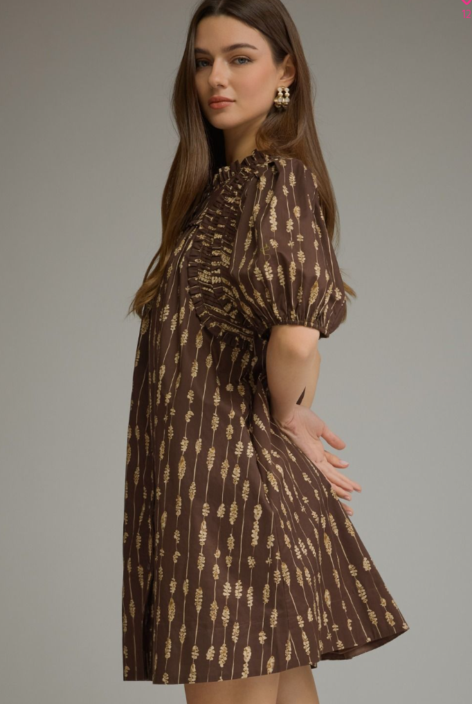 Brown Puff Sleeve Mini Dress