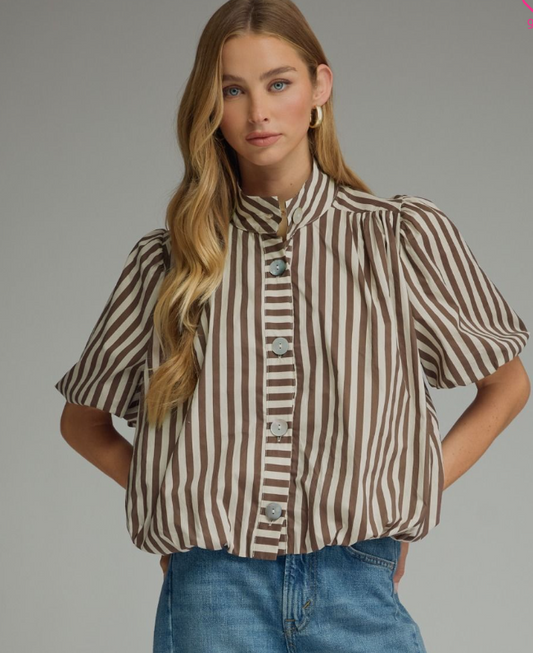 Stripe Short Puff Sleeve Top