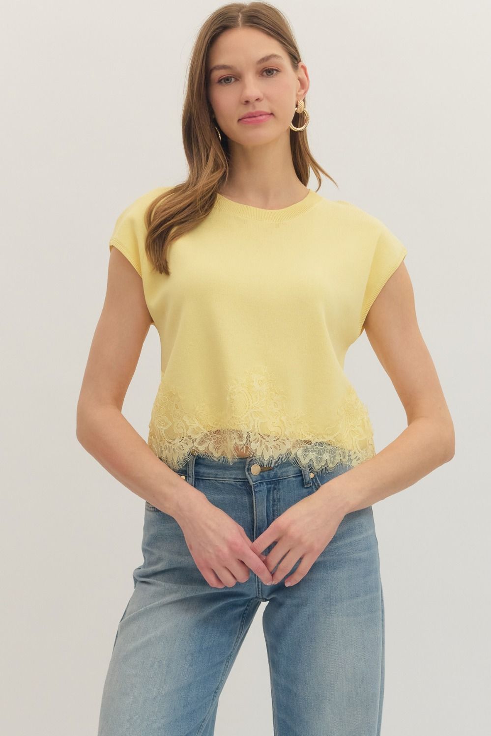 Knit Top with cap sleeves and lace trim hem in lemon
