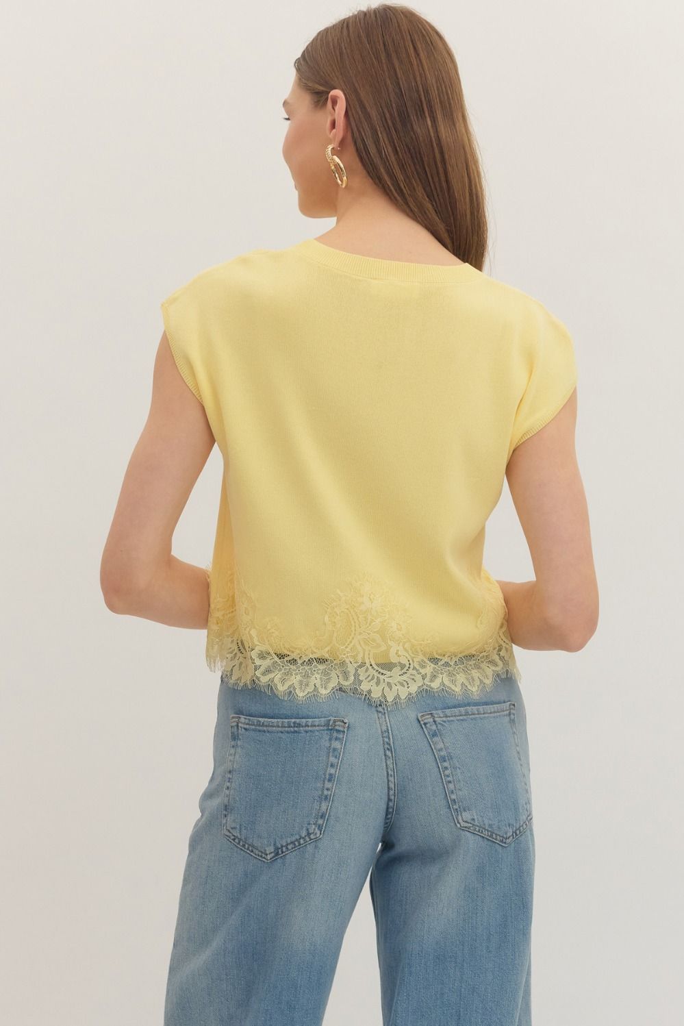 Knit Top with cap sleeves and lace trim hem in lemon