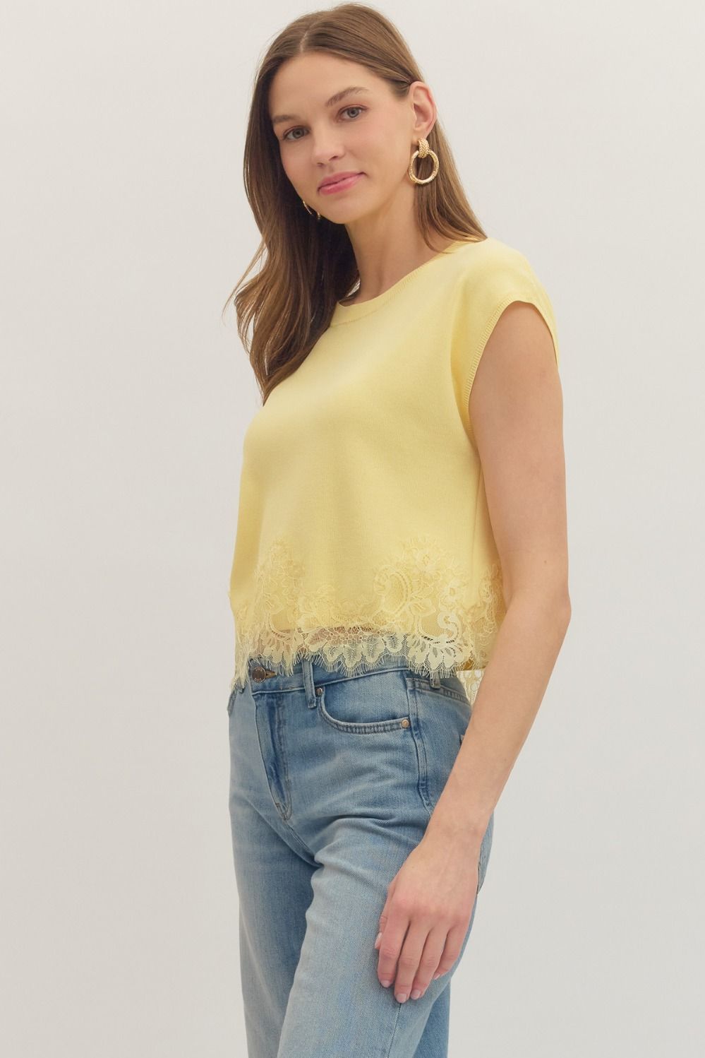 Knit Top with cap sleeves and lace trim hem in lemon